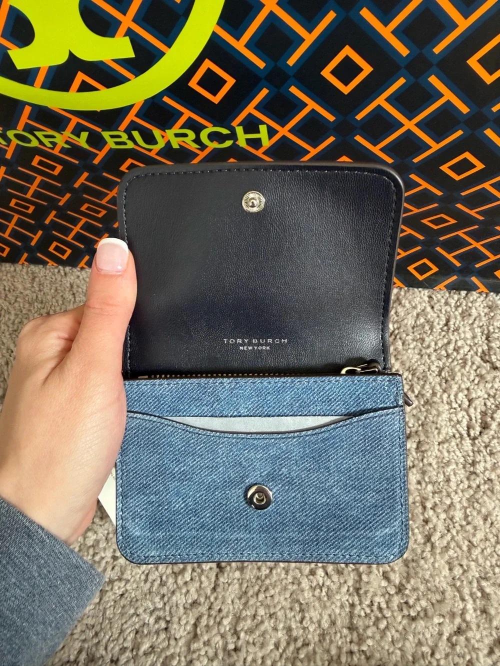Tory Burch Emerson Denim Suede Flap Card Case Dark Denim